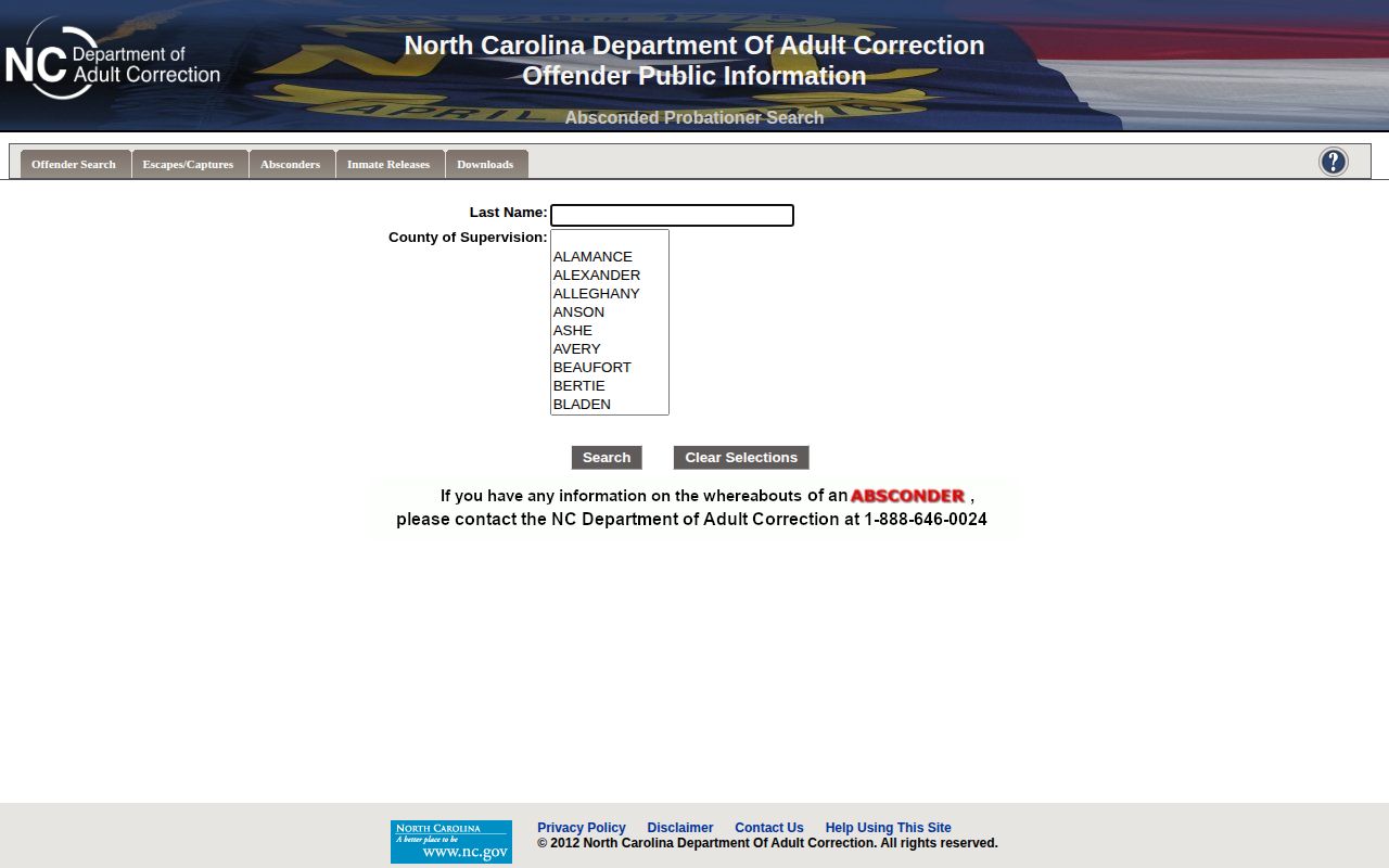 NCDAC absconder lookup for Jackson County probation and parole status