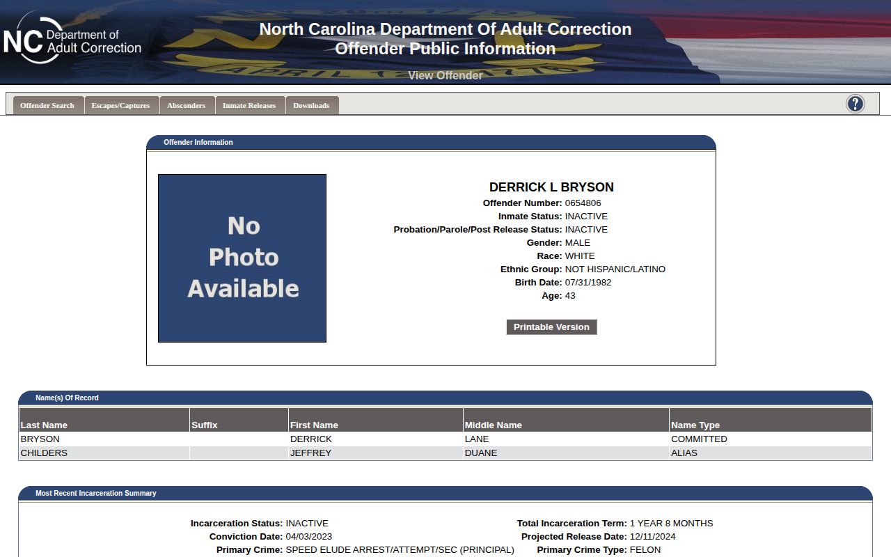 NCDAC example of actual and projected release dates for Jackson County release research